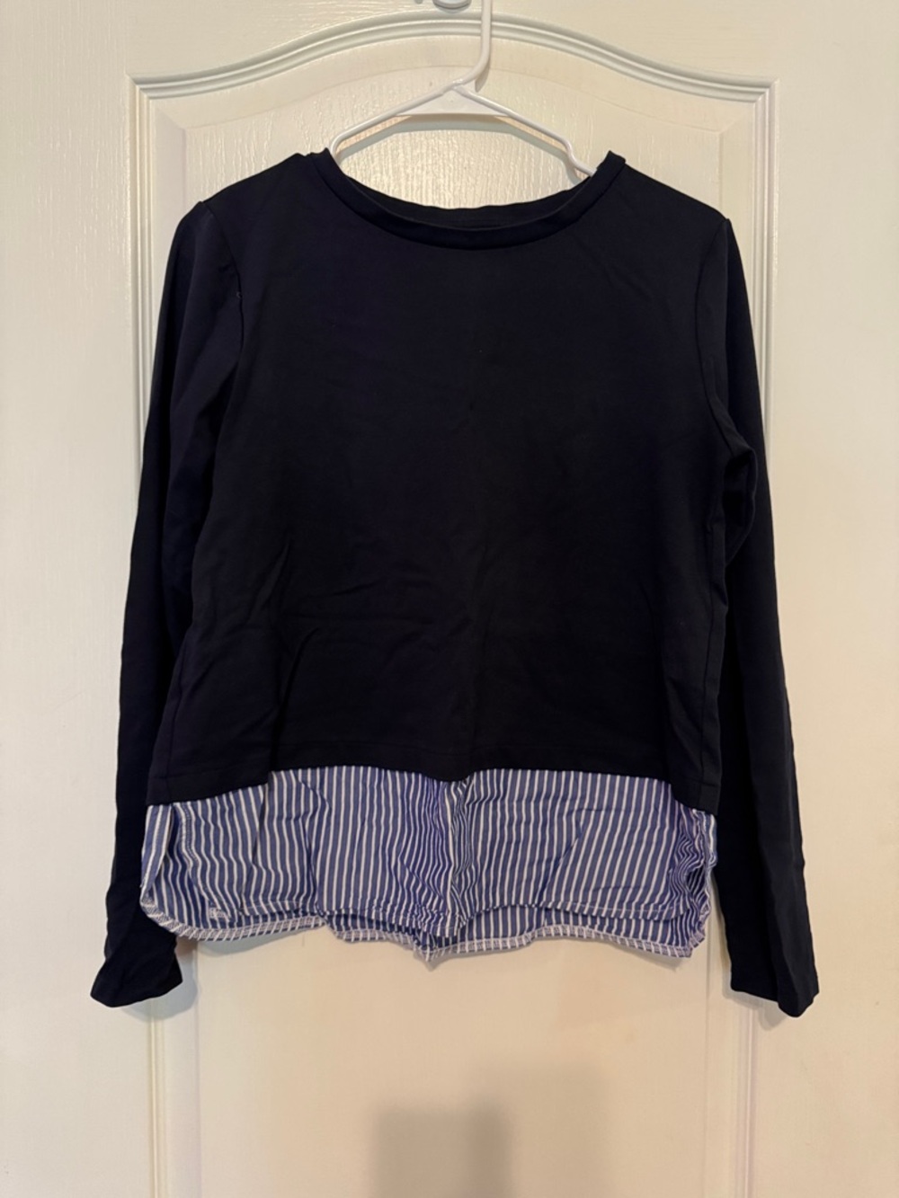 Ann Taylor Navy Long-Sleeve Pullover with Blue and White Striped Hem